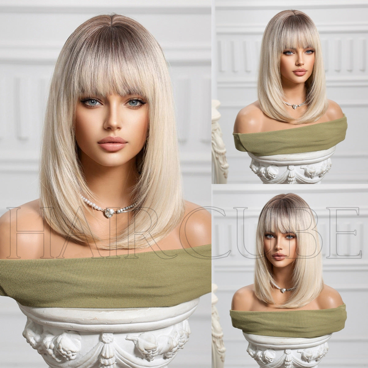 Halloween Preppy Style White Gold Color Gradient Wig Short Straight Hair