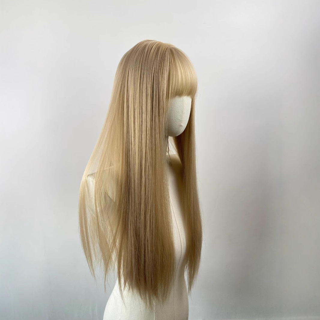 Female Daily Hair Golden Head Cover Air Bangs Mannequin Dummy Long Straight Wig