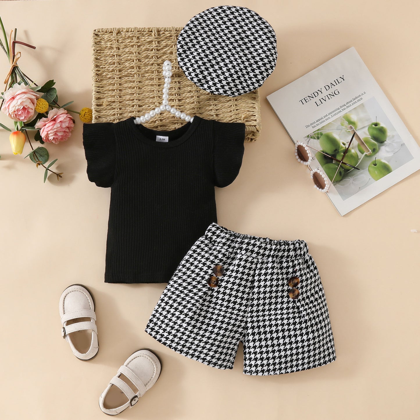 Flounced Sleeve Solid Color Top Plaid Children's Suit