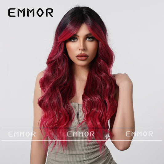 Red Gradient Bangs Big Wave Curly Wig Long Curls