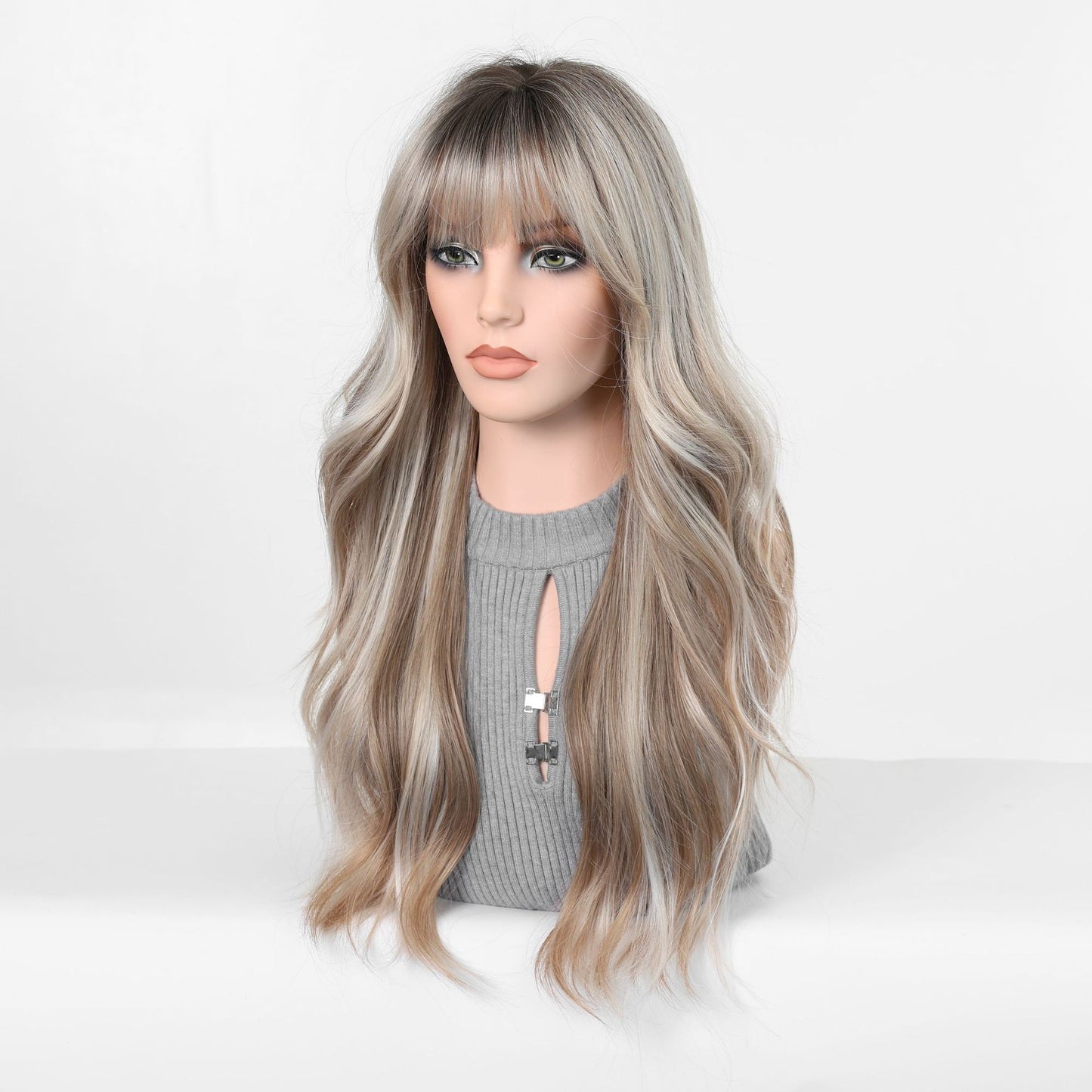 Gradient Gray Gold Curly Air Bangs Wig Long Curls