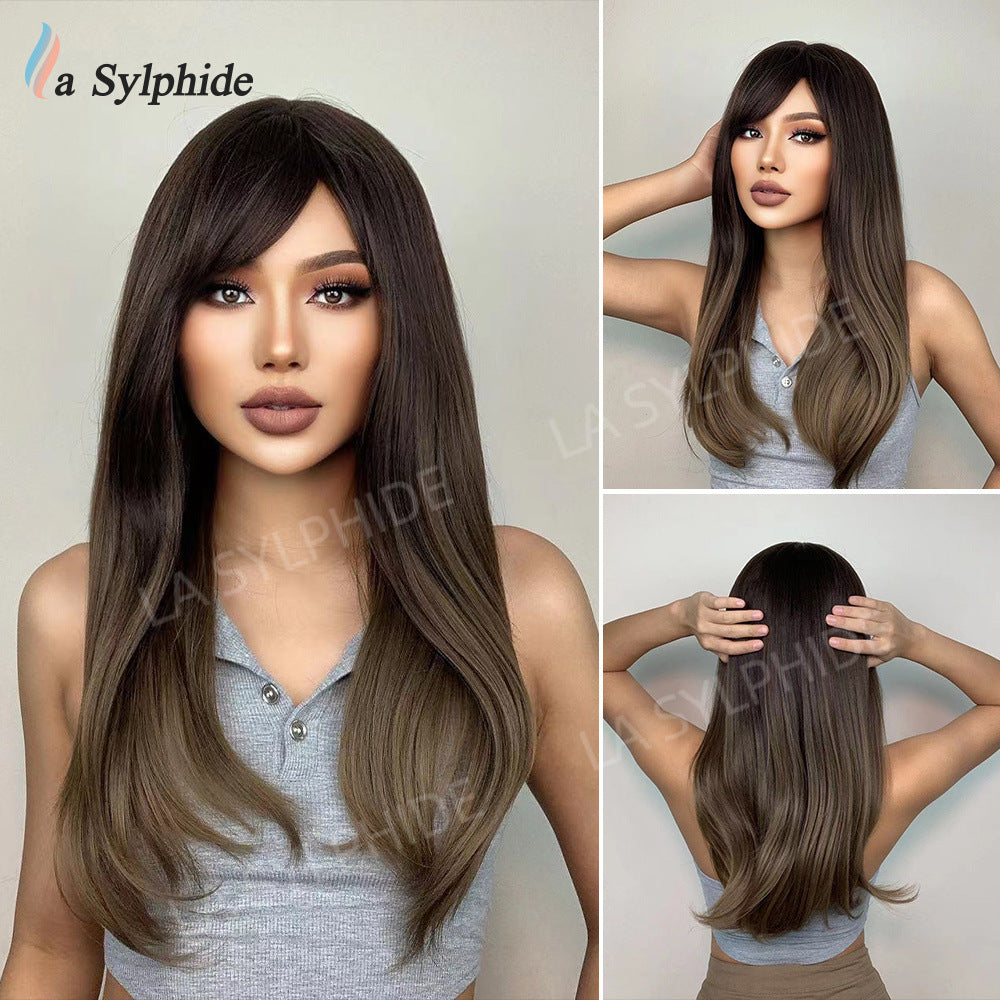 Female Brown Hair Hood Chemical Fiber Mechanism Simulation Natural Long Straight Wig