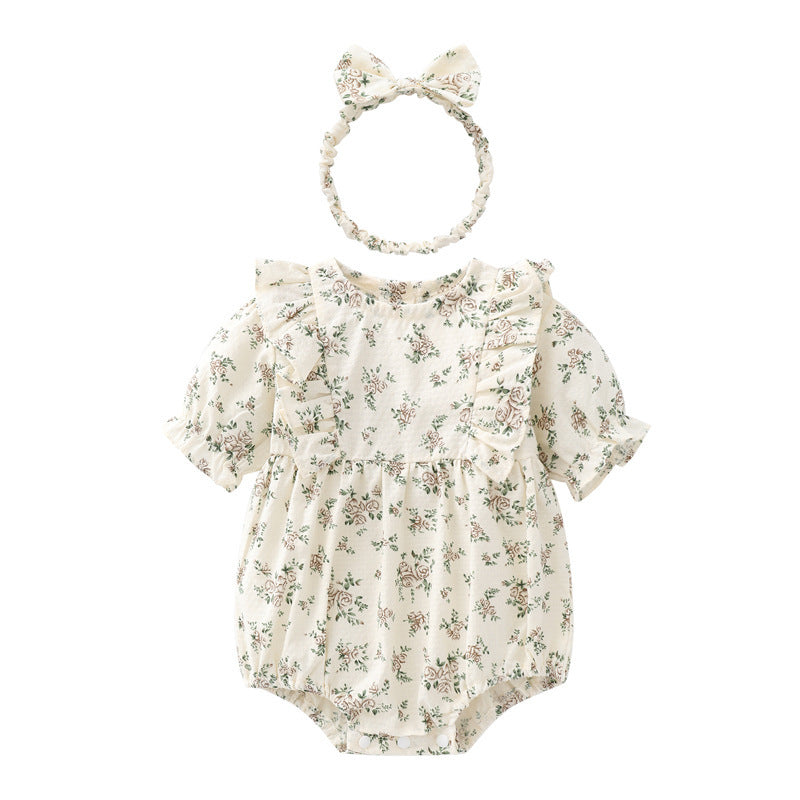 Source Pastoral Style Floral Short Sleeve Jumpsuit, Climbing Suit
