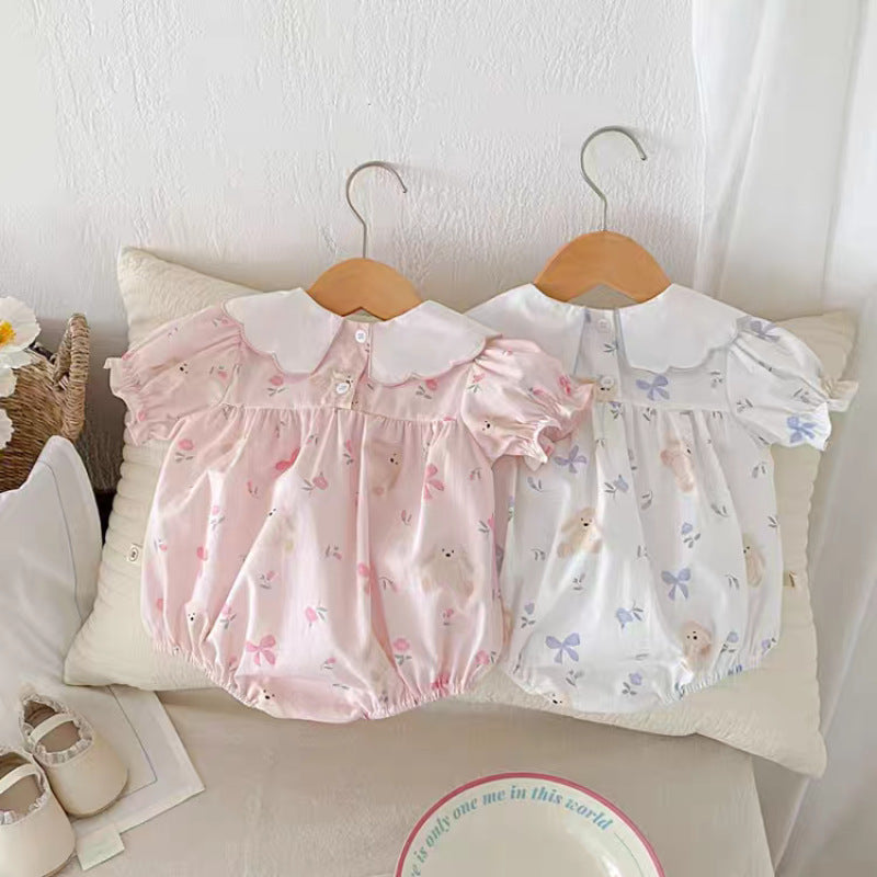 Children's Style Summer Bow Flower Embroidered Dress Rabbit Printed Thin Short Jumpsuit, Climbing Suit