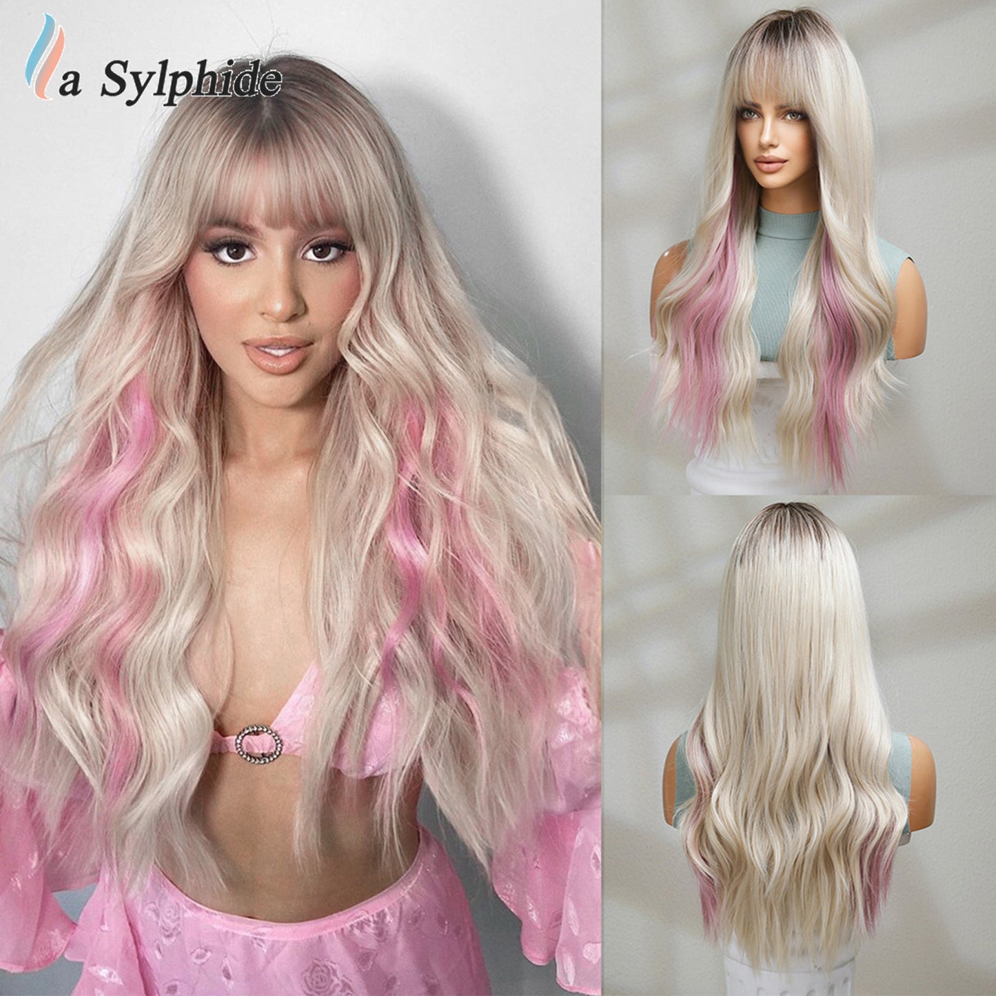Female Bangs Pink White Gold Color Rose Wig Long Curls