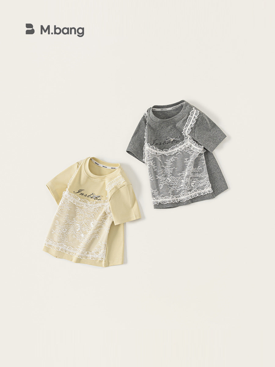 Children's Fake Two-piece Lace Stitching Short Sleeve Summer Sweet Cool Style Children's T-shirt