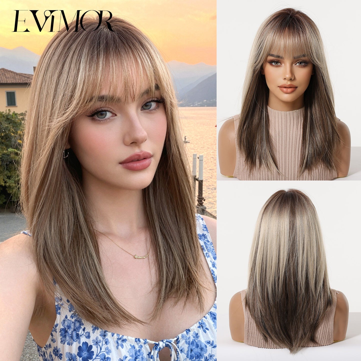 Gradient Brown Collarbone Length Haircut Natural Long Straight Wig
