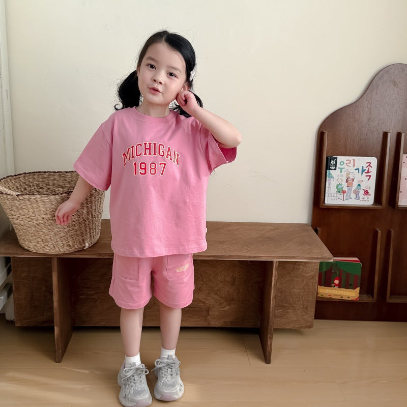 Korean Cute Printed Knitted Short-sleeved Shorts Suit Cotton Casual Children's T-shirt