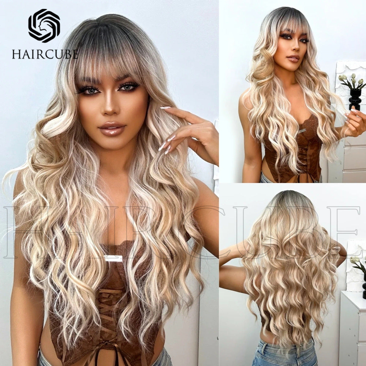 Dark Brown White Gold Color Highlight Wig Long Curls