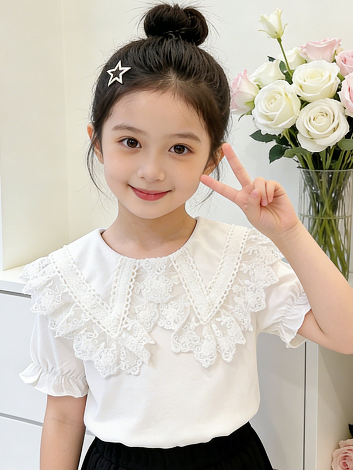 Children's Ice Porcelain Cotton Short-sleeved Shirt Summer Little Lace Collar Children's T-shirt