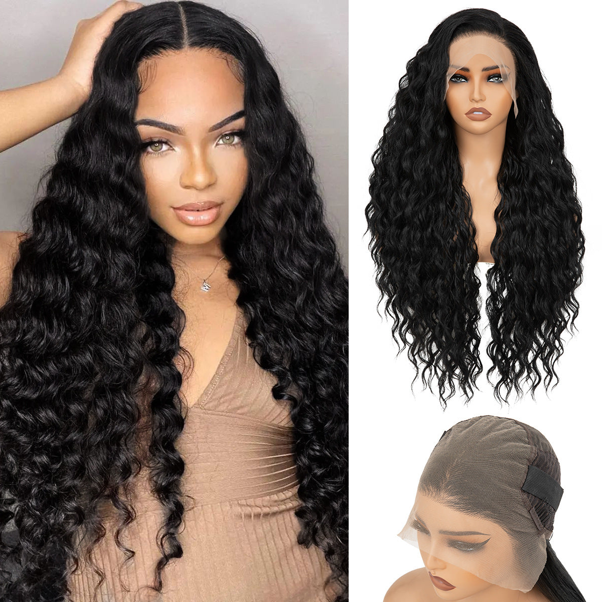 Women's Forehead Lace Curly Artificial Human Hair Black Big Wig Long Curls