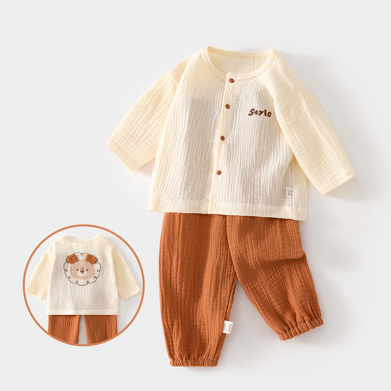 Pajama Sets Long Sleeve Double Pure Top Pants Summer Air Children's Suit