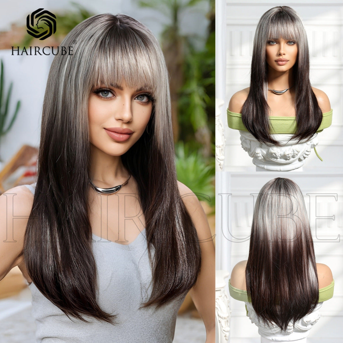 Head Cover Highlight Wind Gradient Bangs Hair Mechanism Chemical Long Straight Wig