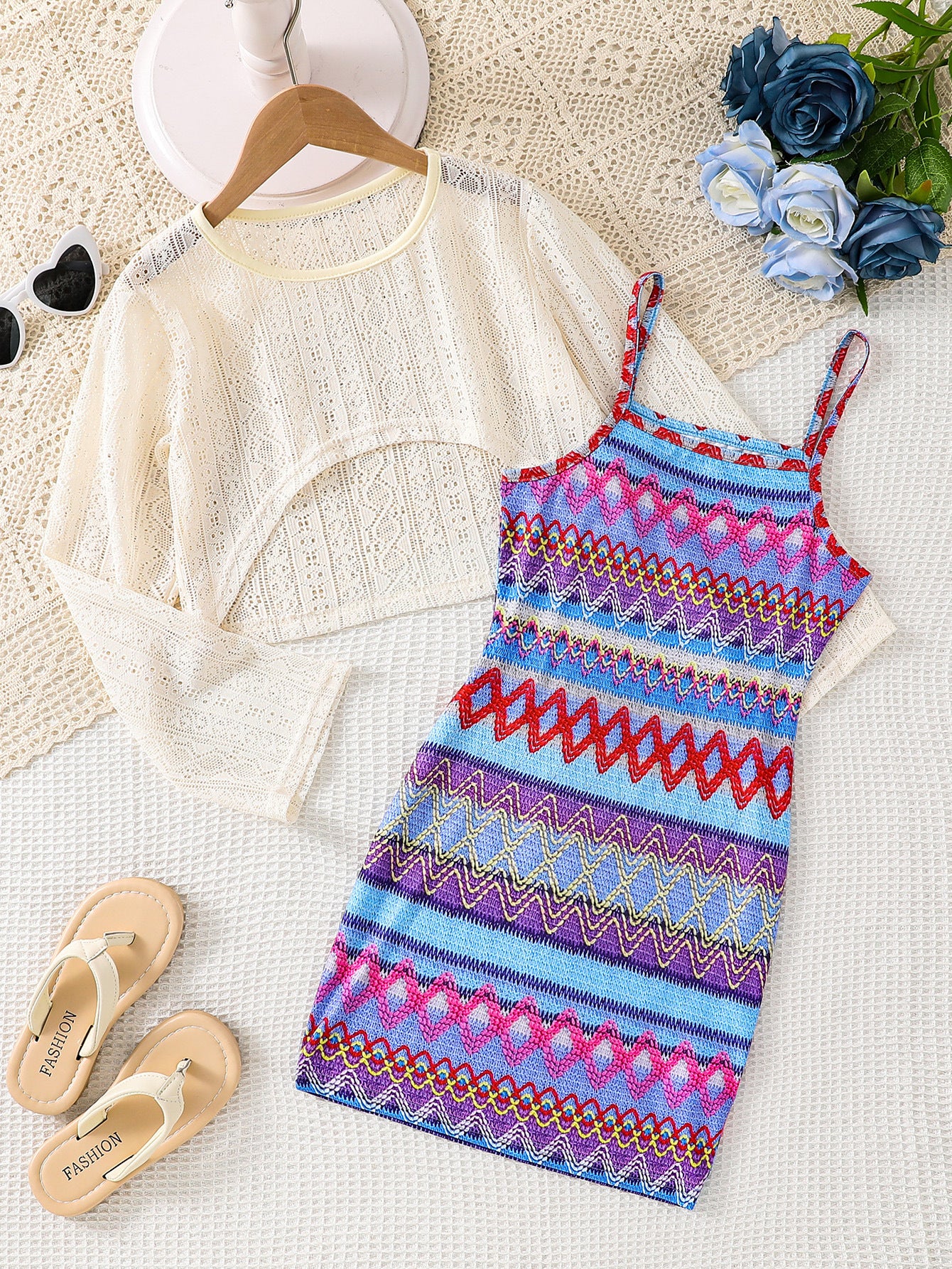 Two-piece Set Vacation Style Sunscreen Shawl Bohemian Sweater Pattern Children's Dress