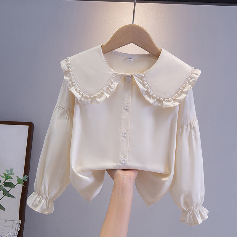 White Long Sleeve Cotton Versatile Medium Large College Children's Shirt