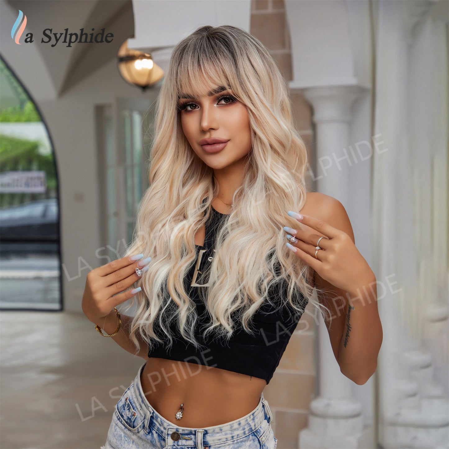 Pink Gray Gold Bangs Curly Hair Rose Net Matte Wig Long Curls