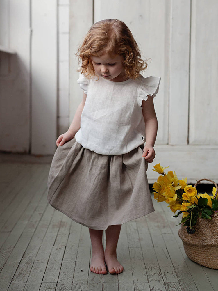Cotton Linen Shirt Summer Short-sleeved Flying Sleeve Children's T-shirt
