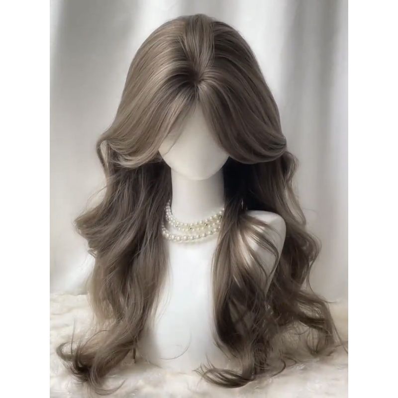 Female Mint Beige Mid-length Bangs Curly High Skull Top Growing Wig Long Curls