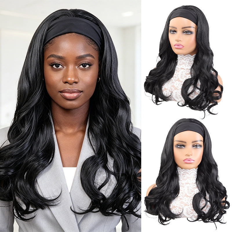 Female Ribbon Curly Hair Big Wave Chemical Fiber Black Pick Wig Long Curls