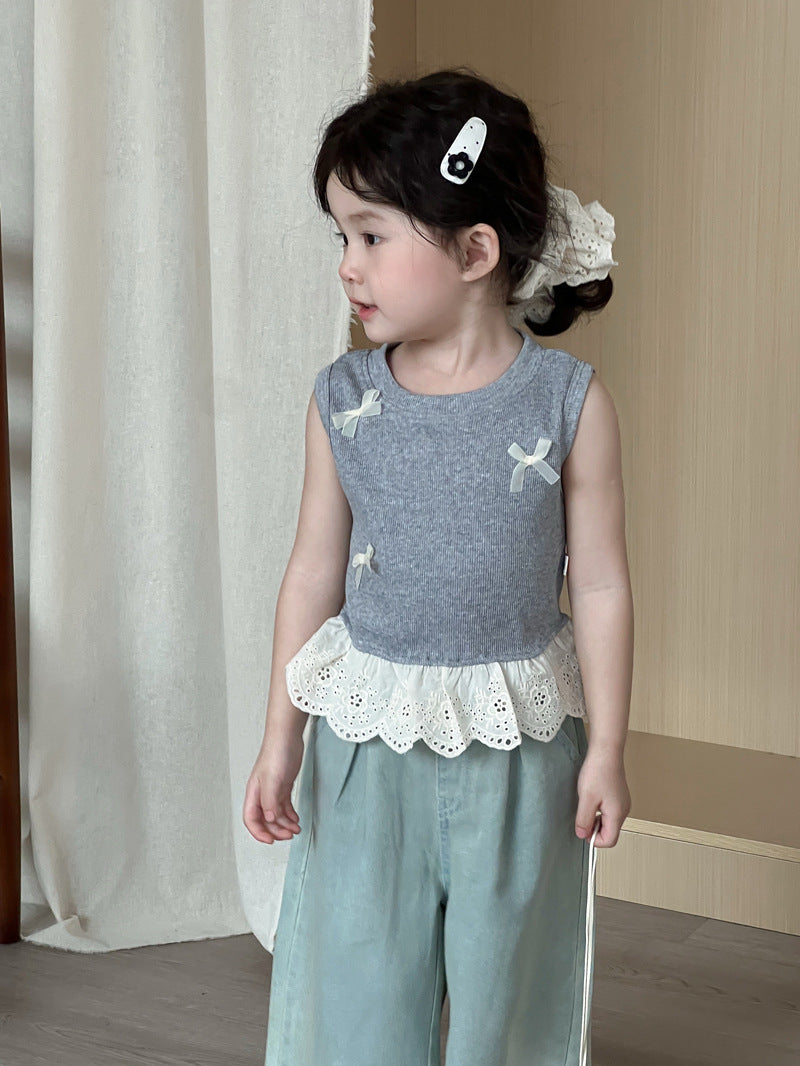 Children's Summer Korean Lace Sleeveless Top Sweet Bow Princess Children's T-shirt