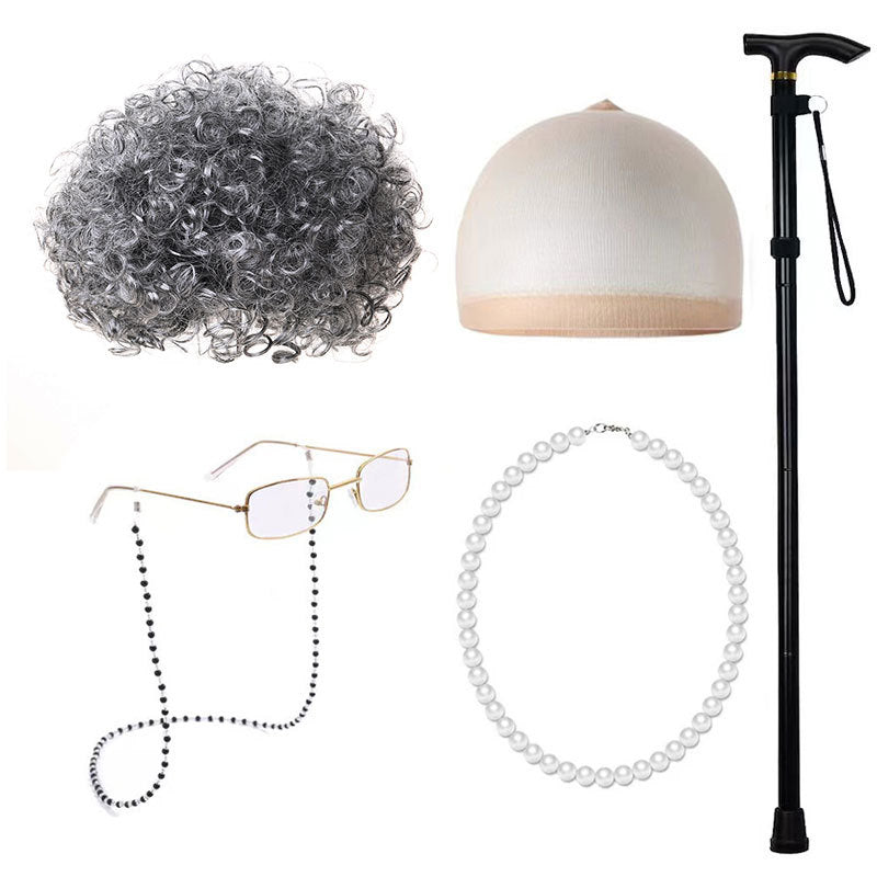 Old Grandma Grandpa Halloween Lady Set Cos Wig