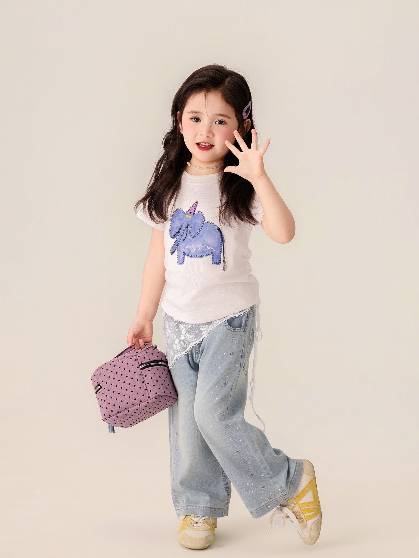 Children's High Elastic Fine Cotton Rib Digital Painted Beaded Tube Embroidery Children's T-shirt