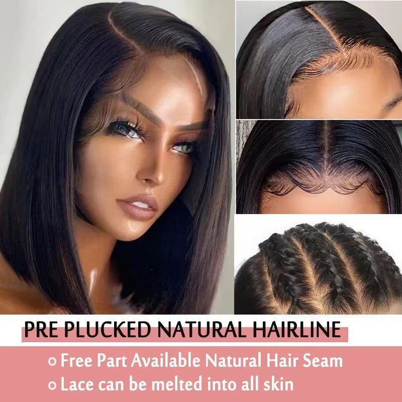 Medium Black Wave Head Cover Front Wig Short Straight Hair