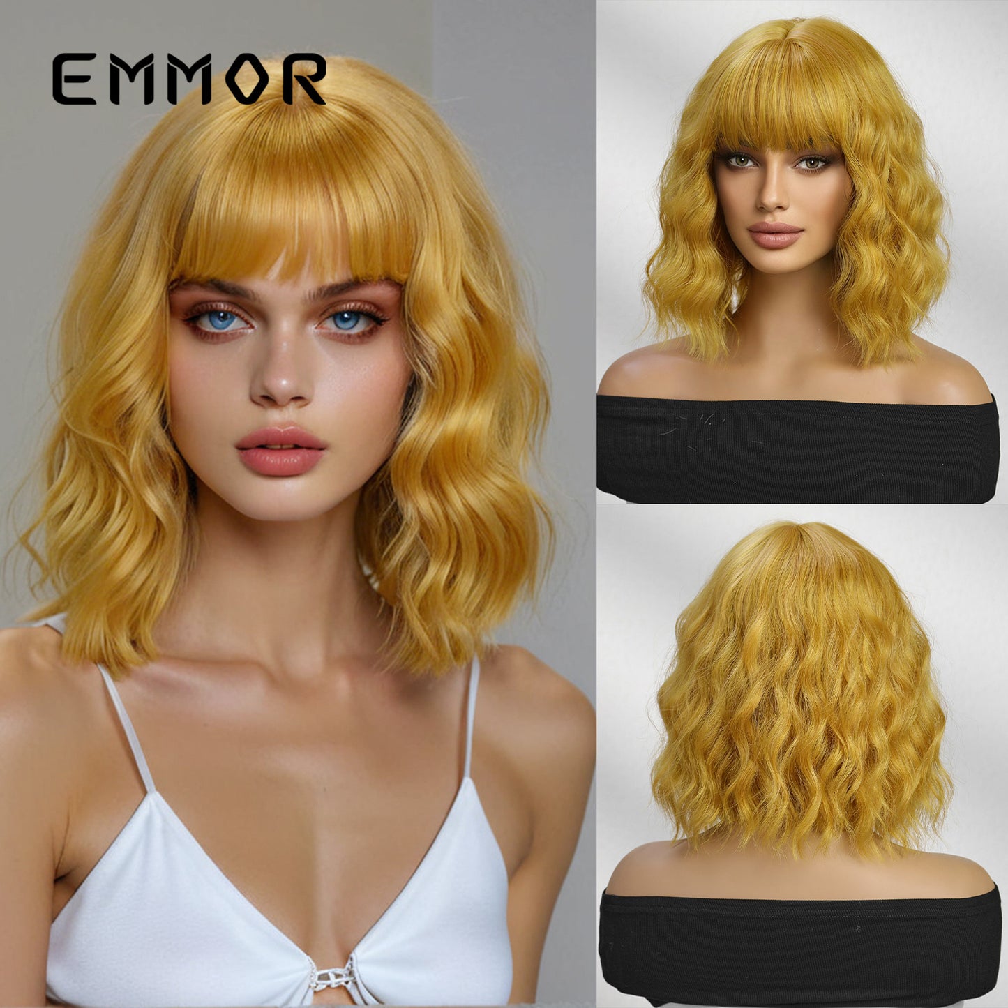 Female Natural Straight Bangs Realistic Golden Wig Short Curly Hair