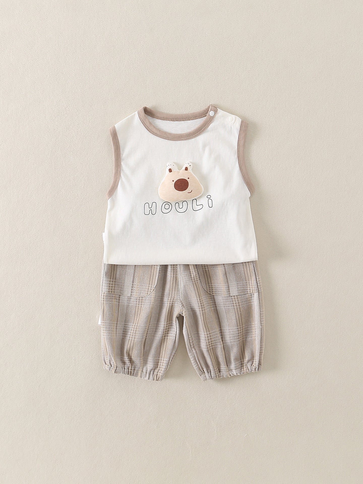 Summer Clothes Sleeveless Cartoon Cute Cotton Breathable Outer Wear Plaid Children's Suit