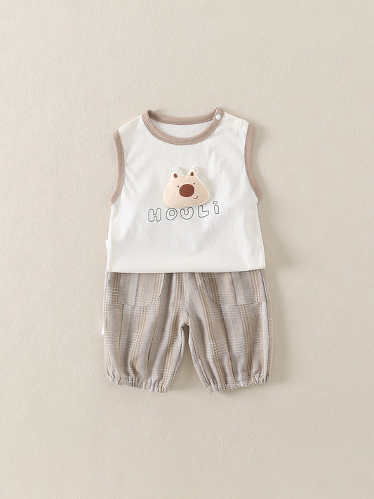 Summer Clothes Sleeveless Cartoon Cute Cotton Breathable Outer Wear Plaid Children's Suit