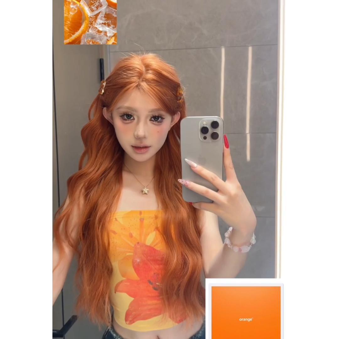 Women's Natural Orange Brown Curly Big Wave Wig Long Curls