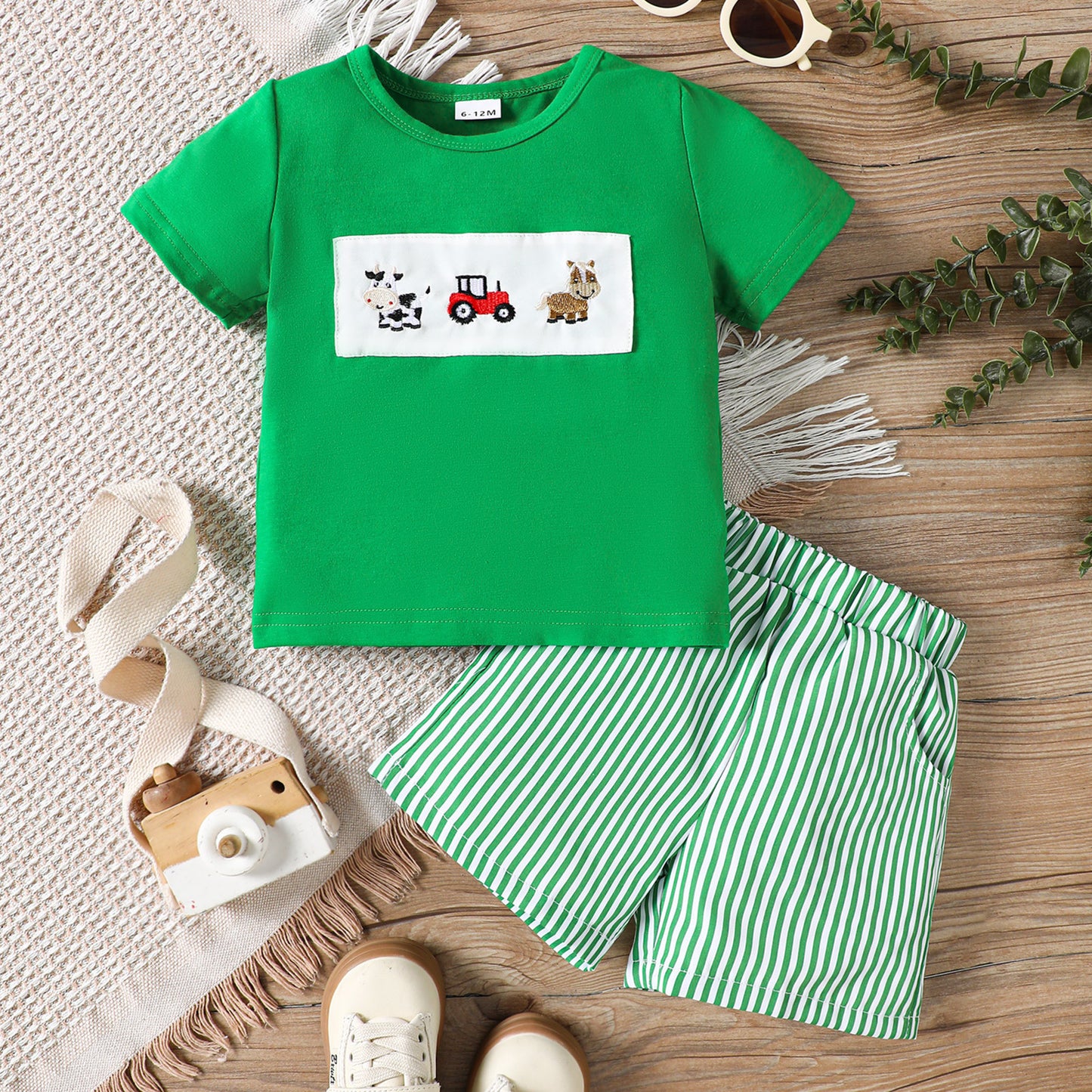 Boy Casual Cartoon Car Animal Embroidery Short-sleeved T-shirt Striped Children's Suit