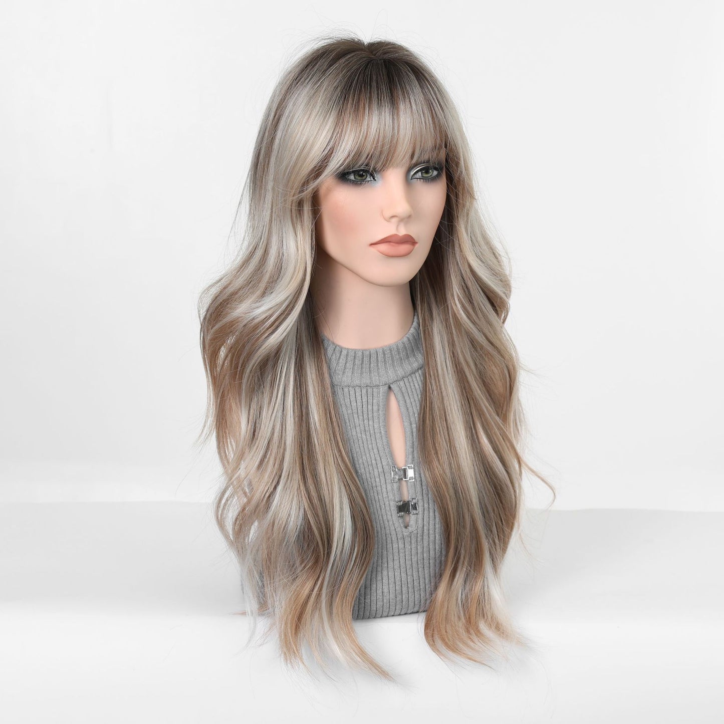 Gradient Gray Gold Curly Air Bangs Wig Long Curls
