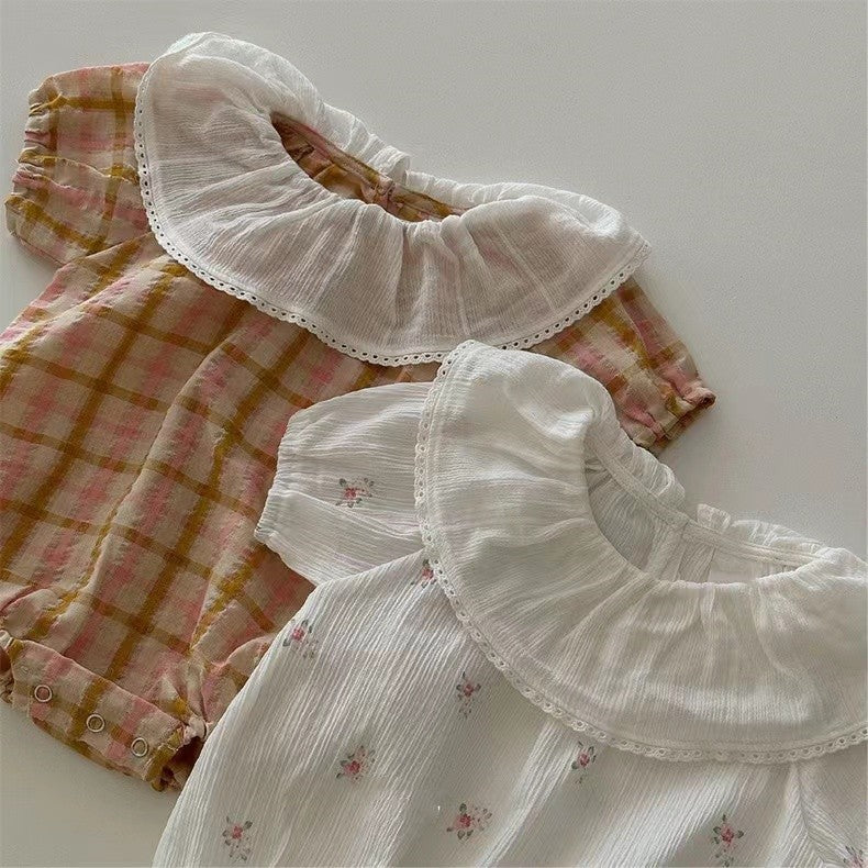 Replenishment Summer Cute Cool Plaid Ruffle Collar Romper Jumpsuit, Climbing Suit