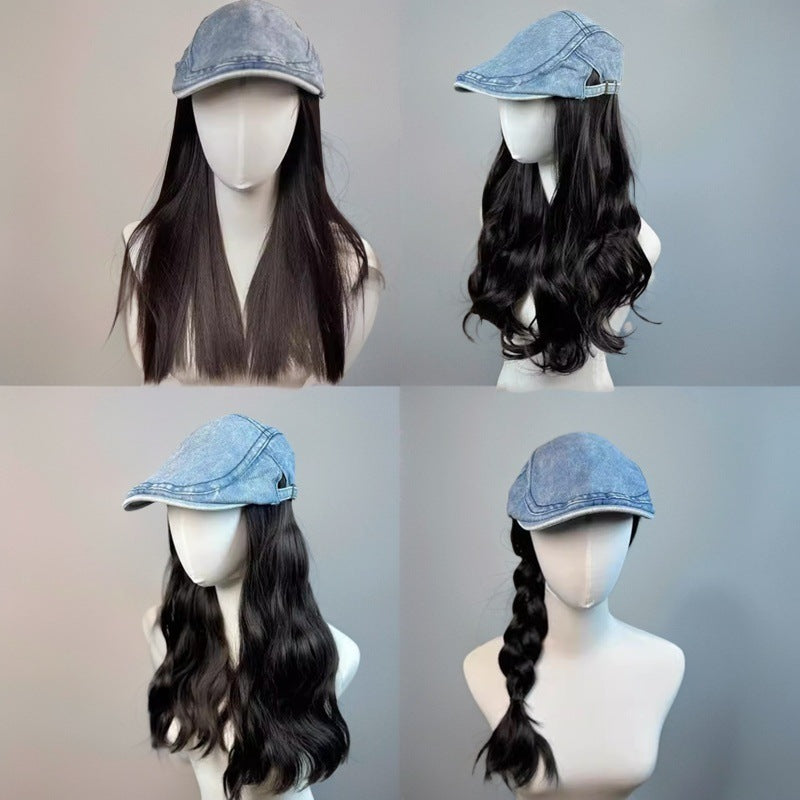Women's Blue Forward Hat Straight Short Hair One Retro Natural Simulation Wig Long Curls