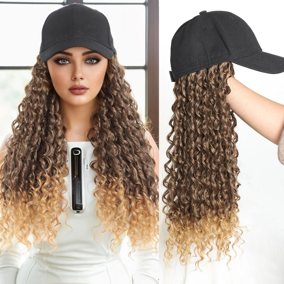 Peaked Cap Instant Noodle Curly Hair Wig Long Curls