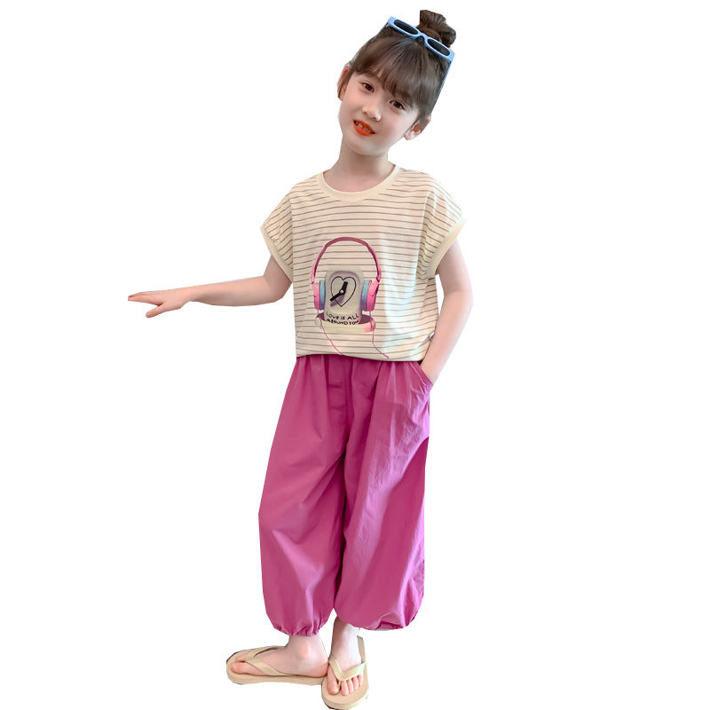 Summer Suits Western Style Fashion Striped Cartoon Casual Two-piece Children's Suit