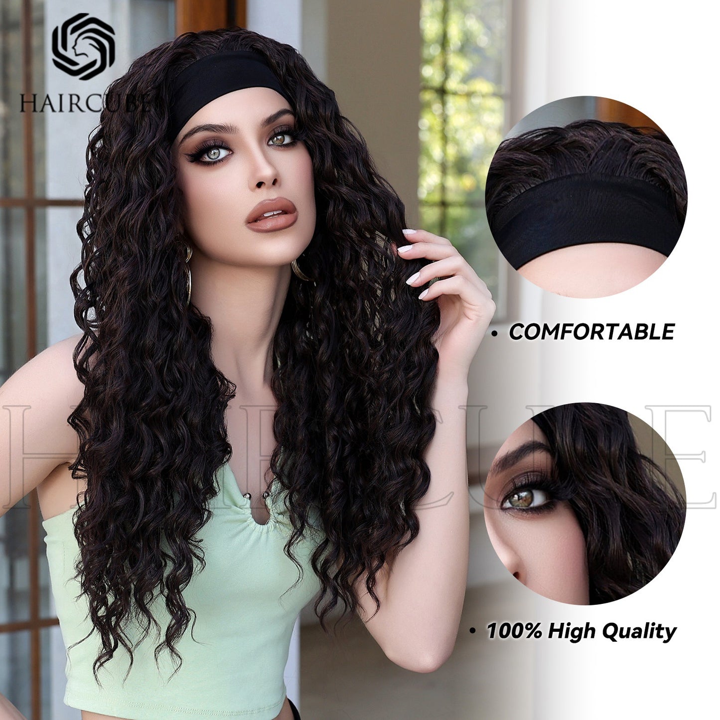 Women's Band Head Cover Small Curly Dark Brown Asian Wig Long Curls