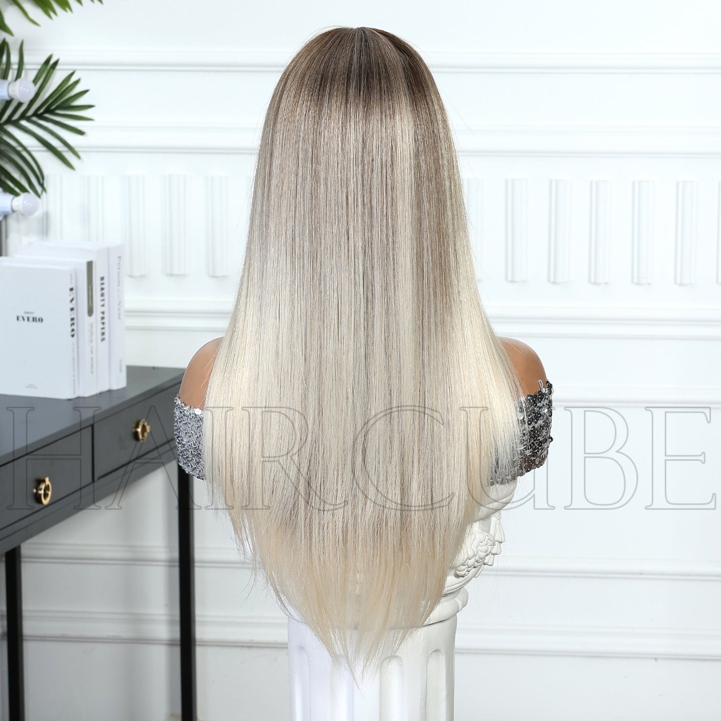 Women's White Gold Color Headgear Bangs Hair Atmosphere Long Straight Wig