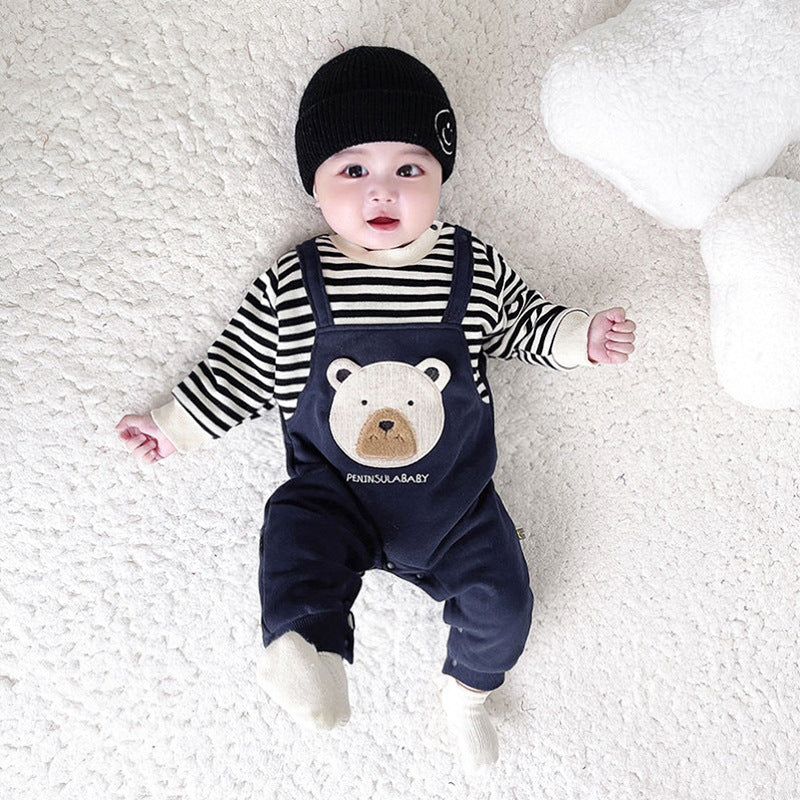 Striped Embroidered Bear Fleece-lined Jumpsuit Class Born Rompers Jumpsuit, Climbing Suit