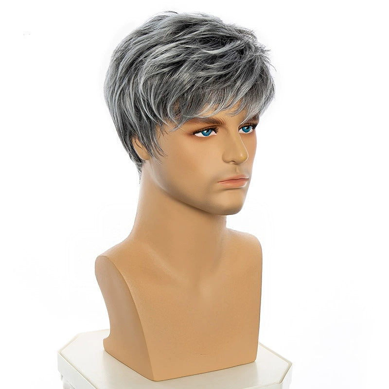 Handsome Man Head Cover Gradient Gray Wig Short Straight Hair
