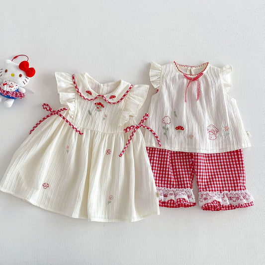 Fashion Embroidery Vest Summer Korean Style Cute Flounced Sleeve Doll Children's T-shirt