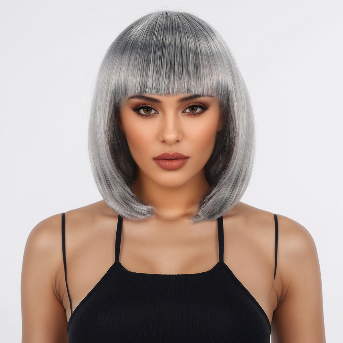 Women's Sier Gray Pullover Air Bangs Temperamental Wig Short Straight Hair