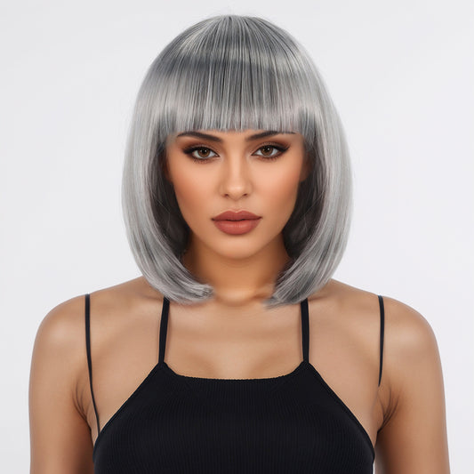 Women's Sier Gray Pullover Air Bangs Temperamental Wig Short Straight Hair