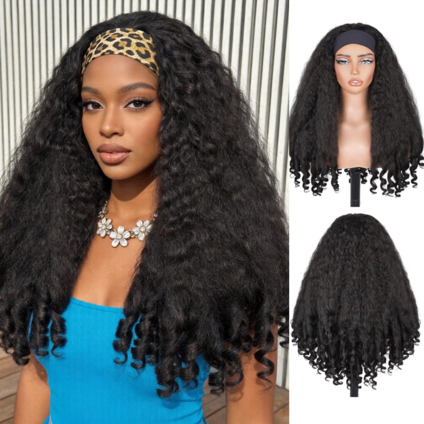 Women's Turban Curly African Black Ice Ribbon Synthetic Wig Long Curls