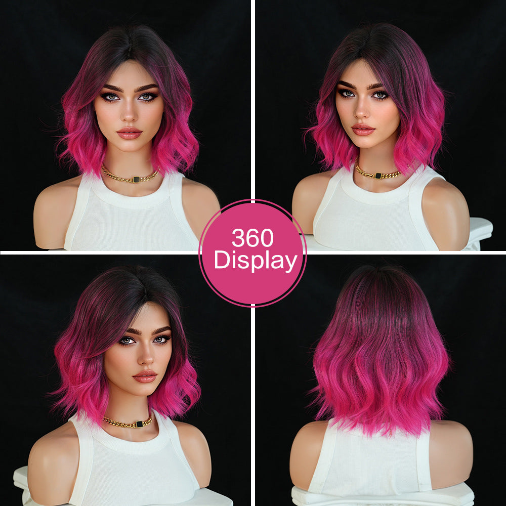 High Quality Gradient Short Curly Hair Medium Wave Mechanism Rose Wig Long Curls