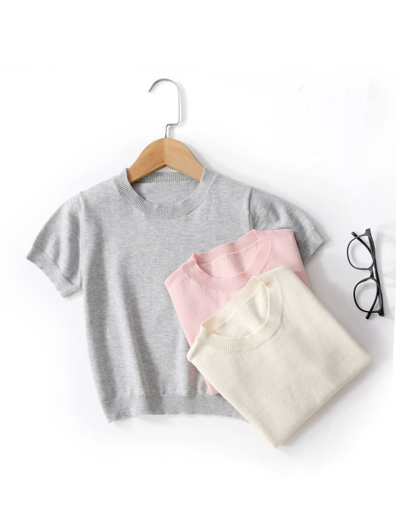 Children's Color Knitted Short-sleeved Combed Cotton Boys Lazy Casual Children's T-shirt