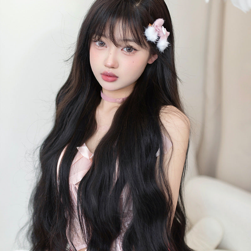Female Curly Hair Breathable Natural Round Face Cute Air Bangs Wig Long Curls