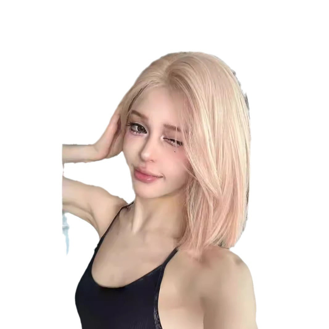 Women's Pink Golden Mid-length Bangs Short Hair Summer Barbie Korean Daily Other Wig