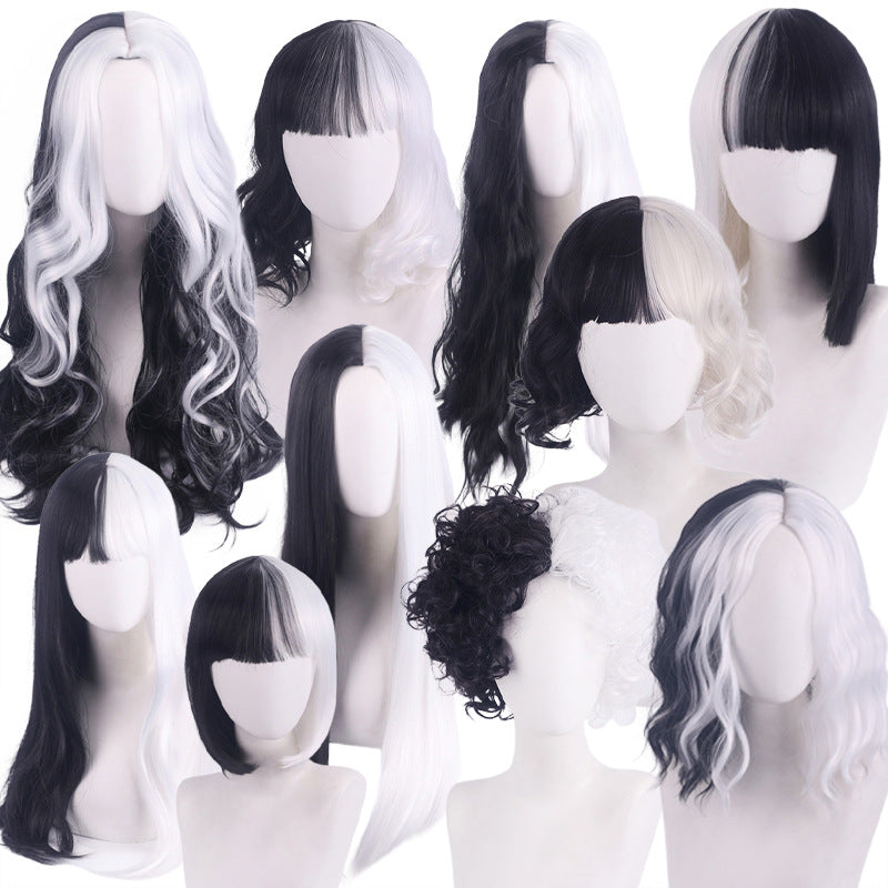 Black White Witch Color Matching Small Short Long Straight Wig